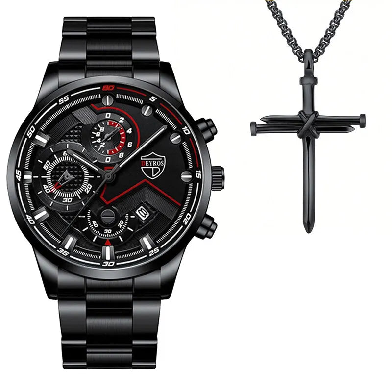 Fashion Men's Necklace Watches Set - Elevate Your Style with Business and Sports Timepieces - 2PCS Fashion Mens Necklace Watches Set Men Business Calendar Stainless Steel Quartz Watch Male Casual Sports Wristwatch ShopOnlyDeal