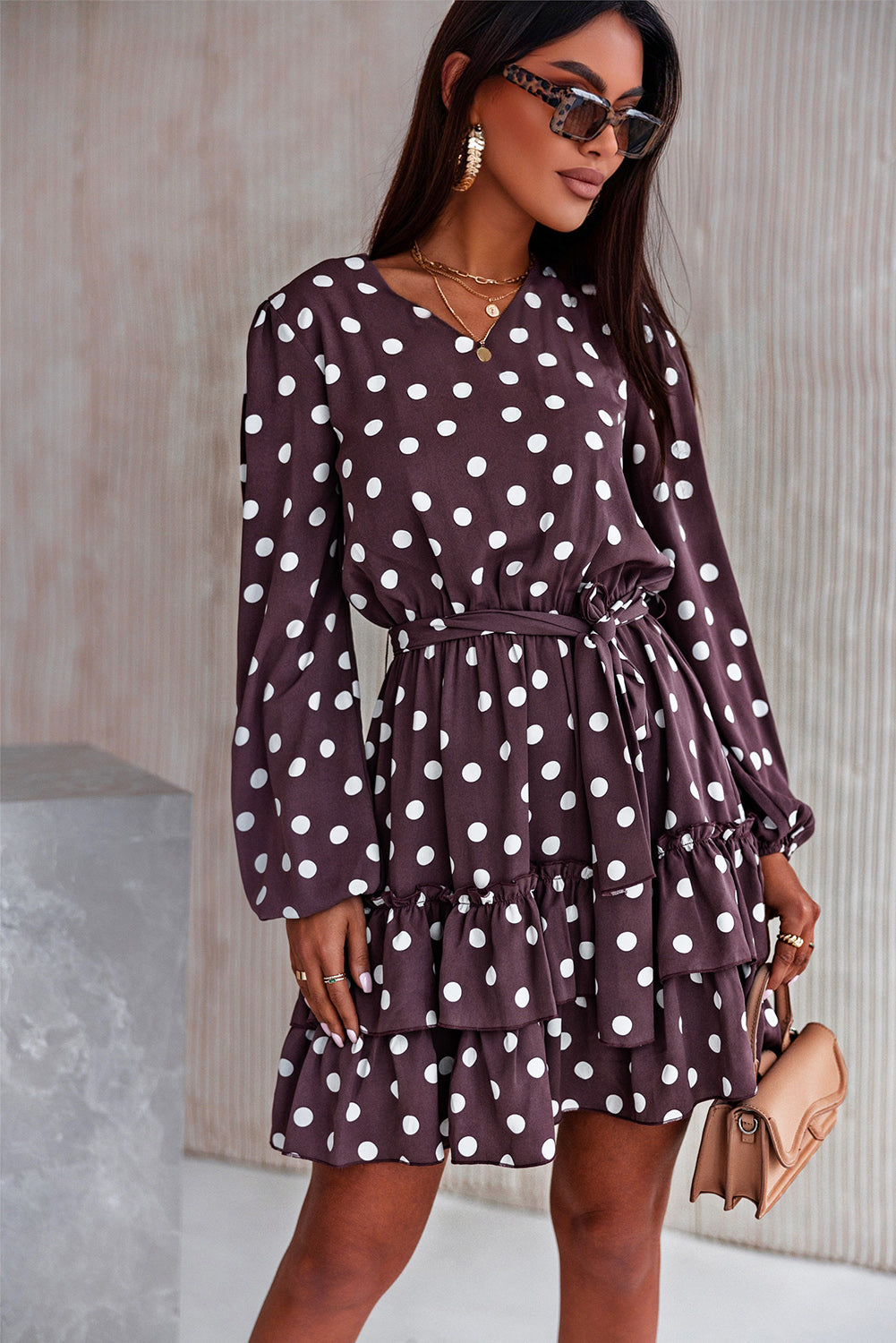 Polka Dot Tie Waist Mini Dress Trendsi