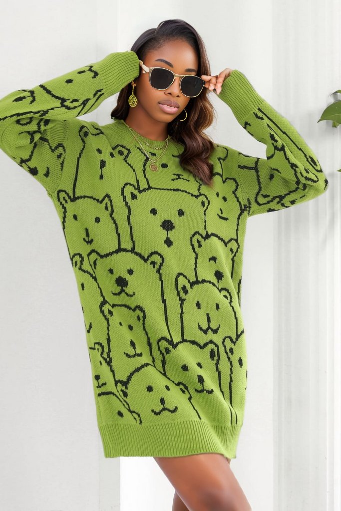 Bear Pattern Round Neck Sweater Dress Trendsi