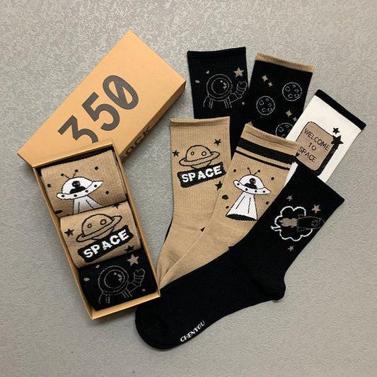 Alien Socks Design Streetwear Cartoon Rocket Stockings Cotton Harajuku Fashion Long Gifts For Men Women Socks Print Hip Hop Pack 3 Pairs/Box ShopOnlyDeal