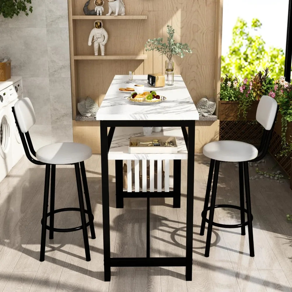 3 Piece Bar Table and Stool Set,Modern White Faux Marble Table & 3 PU Mat Bar Stools,Kitchen Counter with 2 Levels Storage Shelf ShopOnlyDeal