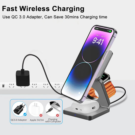 3 in 1 Wireless Charger Magnetic Charger Stand for iPhone 15 14 13 12 Pro Max Foldable Charging Station for Apple Watch Charger ShopOnlyDeal