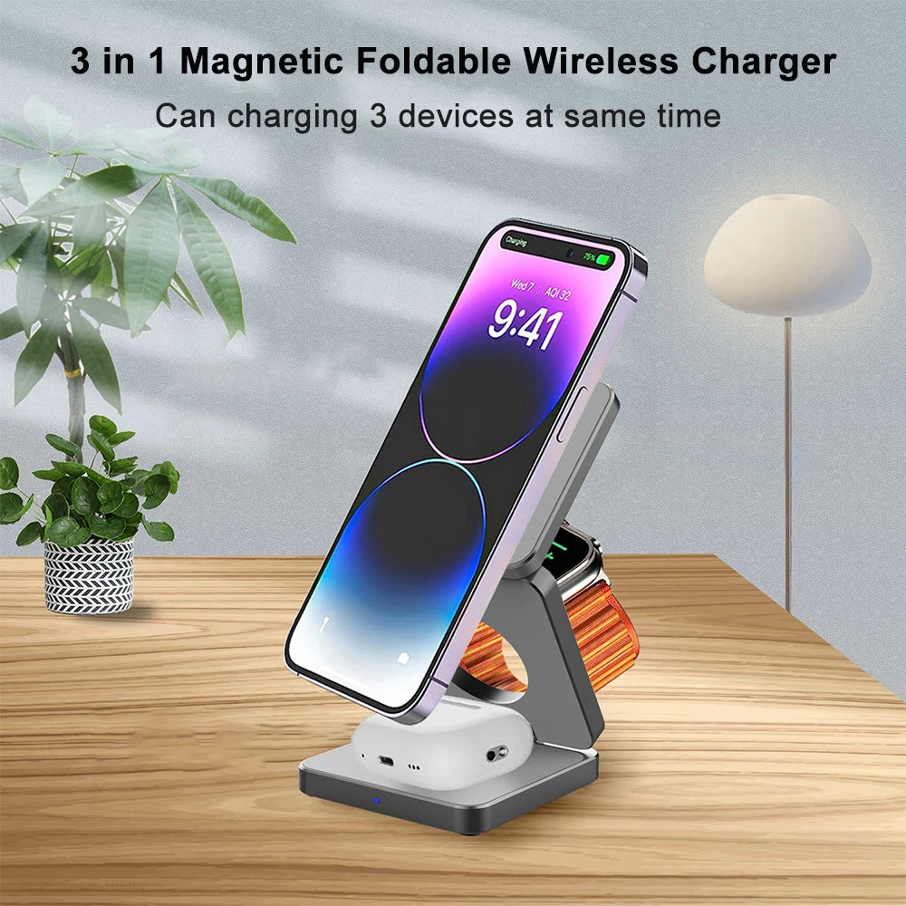 3 in 1 Wireless Charger Magnetic Charger Stand for iPhone 15 14 13 12 Pro Max Foldable Charging Station for Apple Watch Charger ShopOnlyDeal