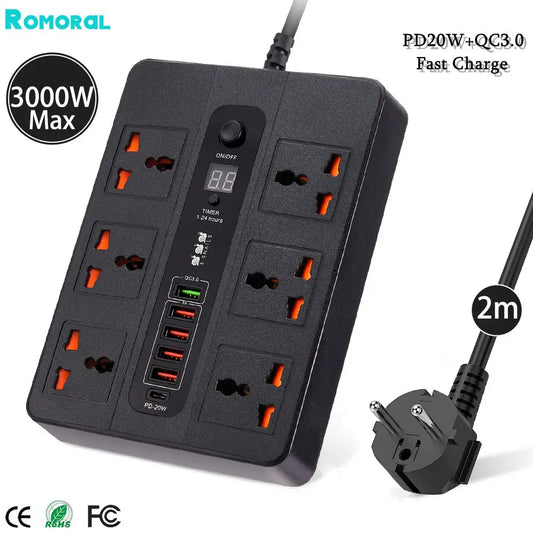 3000W New 6 AC Universal Outlets Power Strip PD20W QC3.0 Fast Charge Socket Extension Cable USB Charger EU Plug Surge Protector ShopOnlyDeal