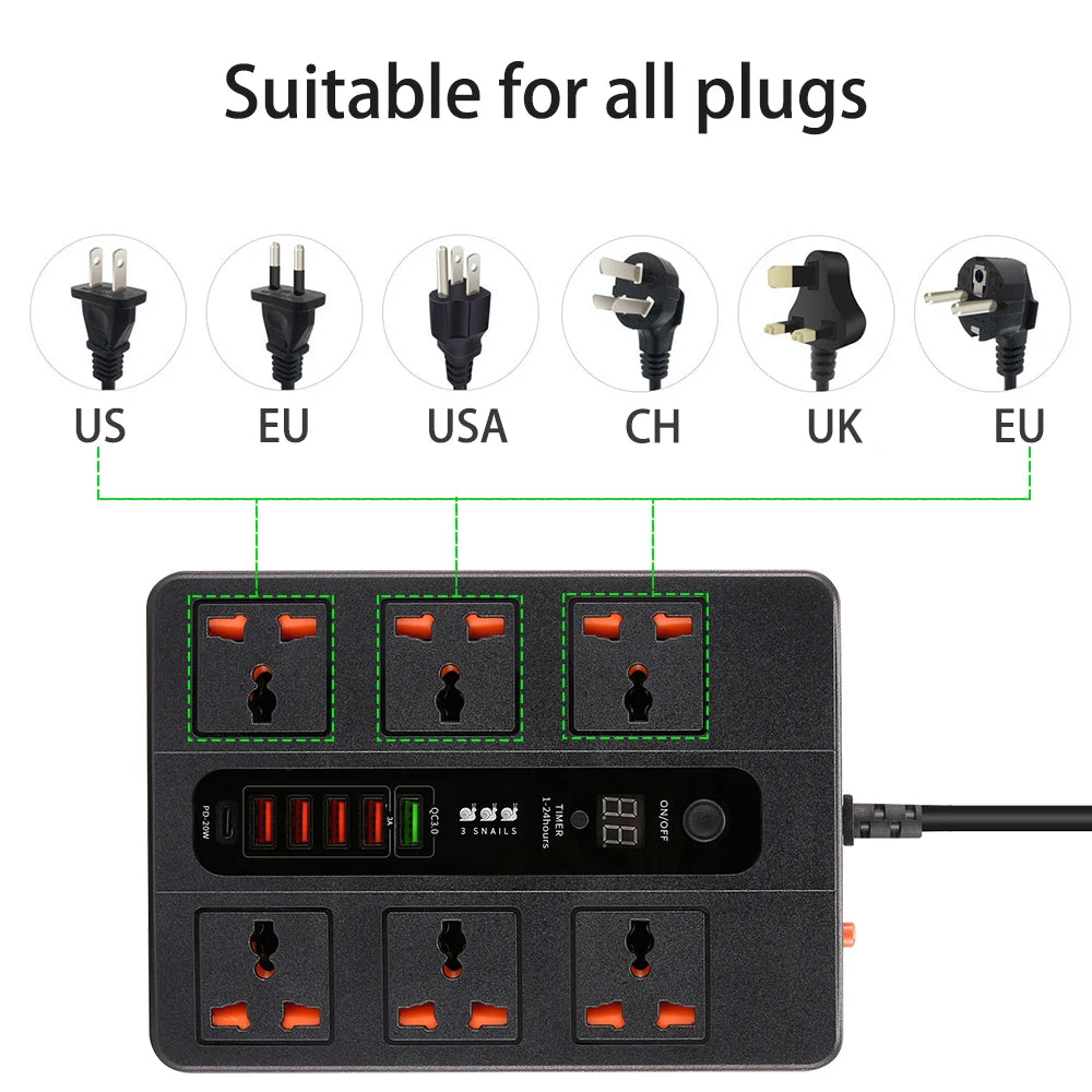 3000W New 6 AC Universal Outlets Power Strip PD20W QC3.0 Fast Charge Socket Extension Cable USB Charger EU Plug Surge Protector ShopOnlyDeal