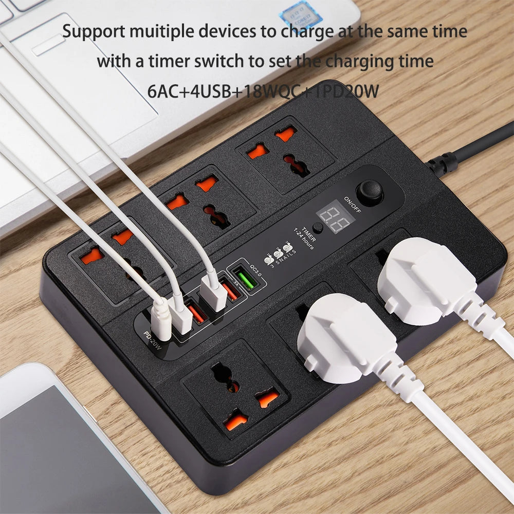 3000W New 6 AC Universal Outlets Power Strip PD20W QC3.0 Fast Charge Socket Extension Cable USB Charger EU Plug Surge Protector ShopOnlyDeal