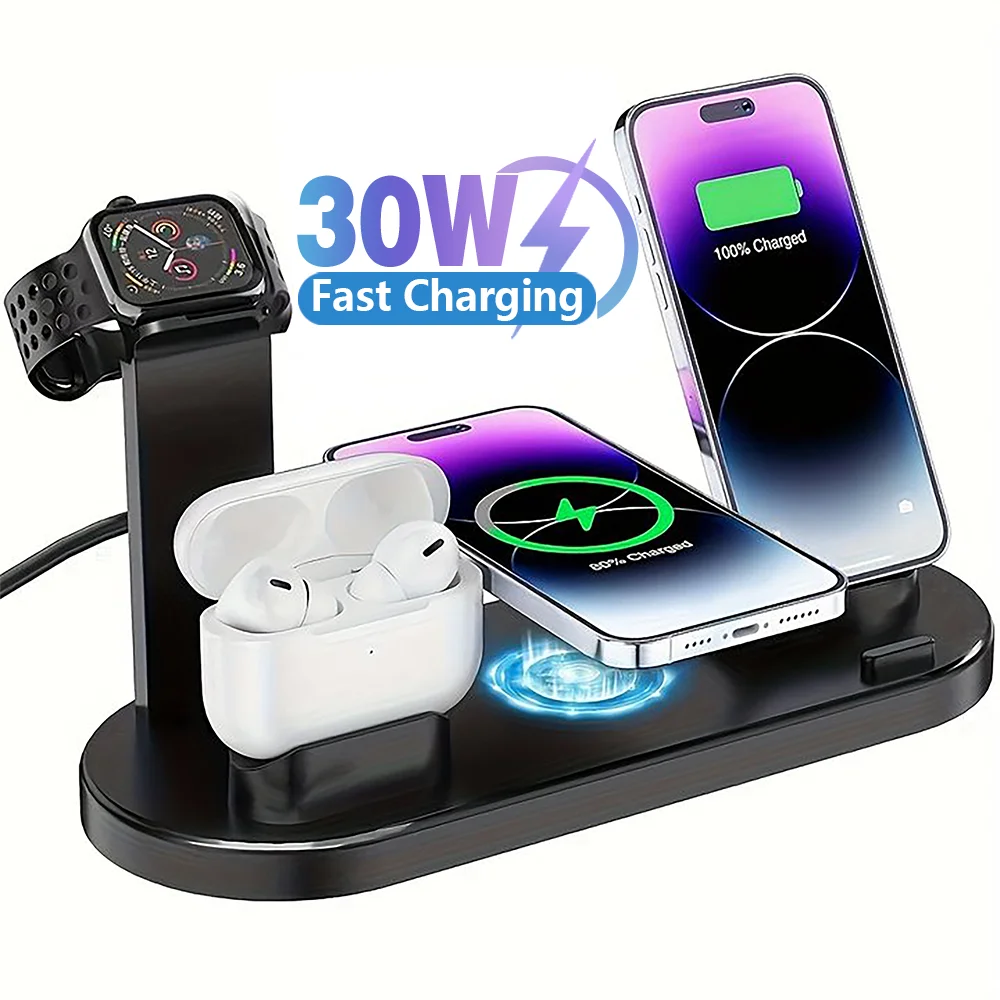 30W 7 in 1 Wireless Charger Stand Pad For iPhone 14 13 12 11 XR Apple Watch Airpods Pro iWatch 8 7 6  Fast Charging Dock Station ShopOnlyDeal