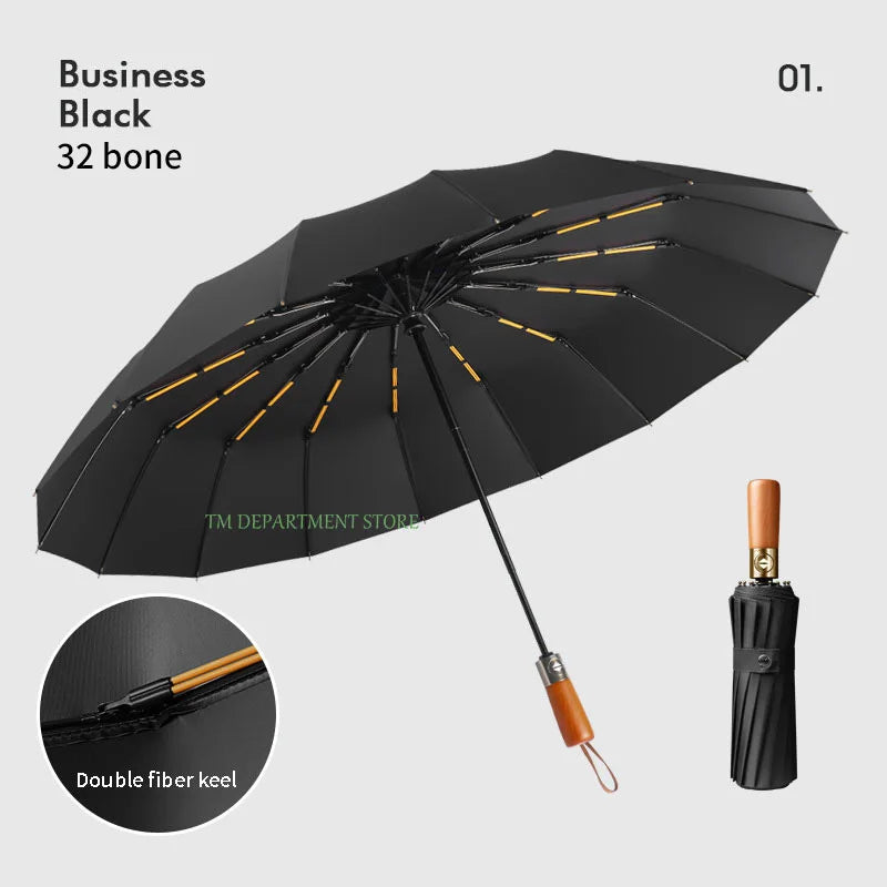 32 Bone Windproof Wooden Handle Fully Automatic Large Umbrella 3 Folding Double Ribs Umbrella anti-UV Travel Rain Men Women Gift ShopOnlyDeal