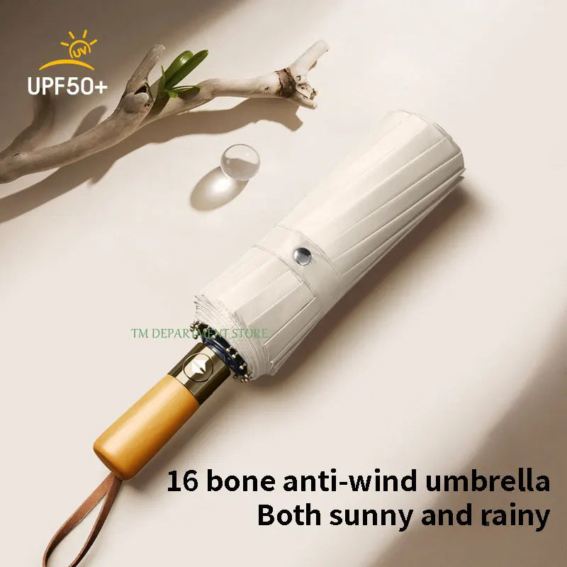 32 Bone Windproof Wooden Handle Fully Automatic Large Umbrella 3 Folding Double Ribs Umbrella anti-UV Travel Rain Men Women Gift ShopOnlyDeal