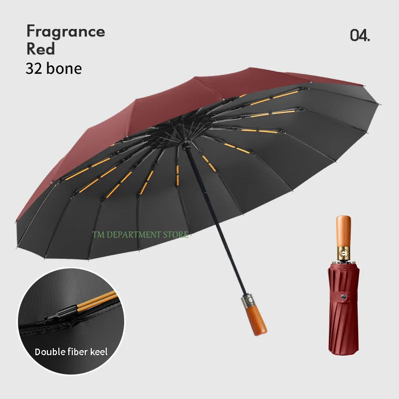 32 Bone Windproof Wooden Handle Fully Automatic Large Umbrella 3 Folding Double Ribs Umbrella anti-UV Travel Rain Men Women Gift ShopOnlyDeal