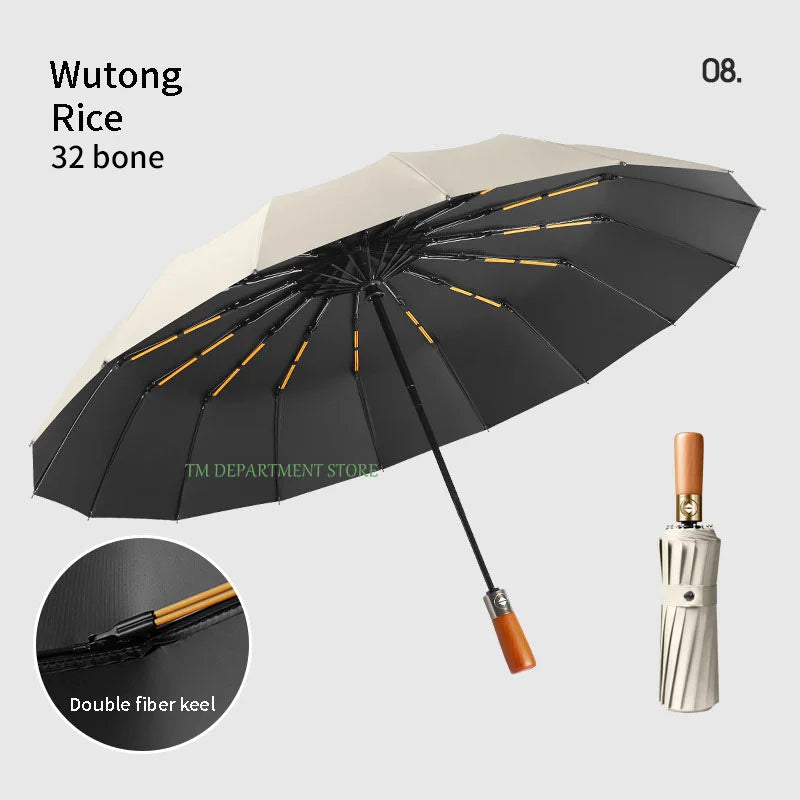 32 Bone Windproof Wooden Handle Fully Automatic Large Umbrella 3 Folding Double Ribs Umbrella anti-UV Travel Rain Men Women Gift ShopOnlyDeal