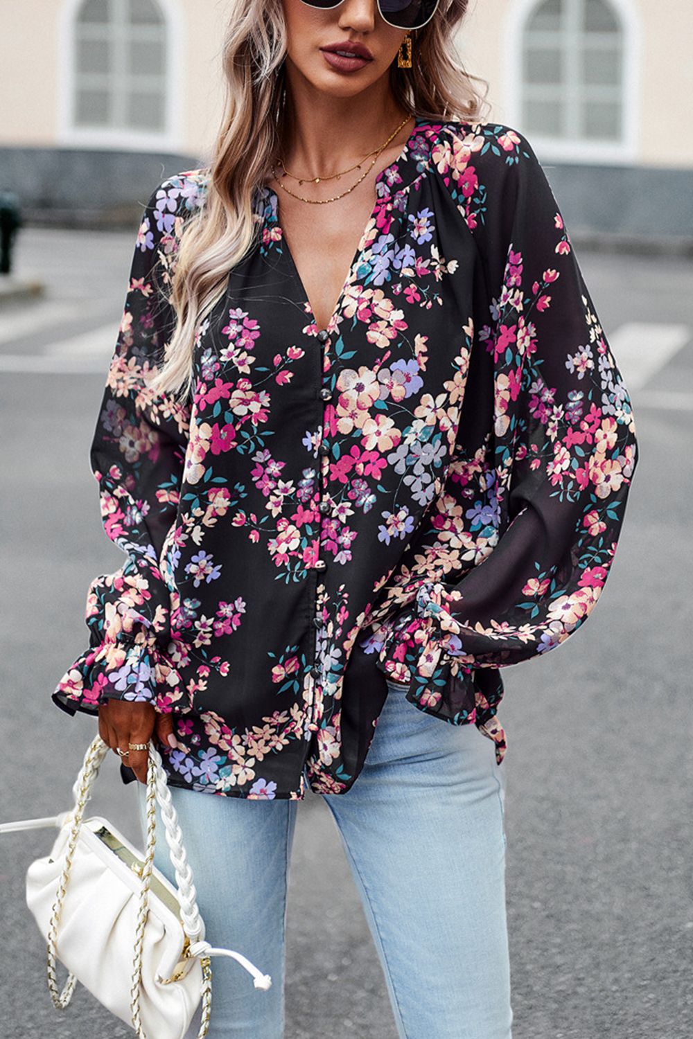 Floral Print Flounce Sleeve Blouse Trendsi