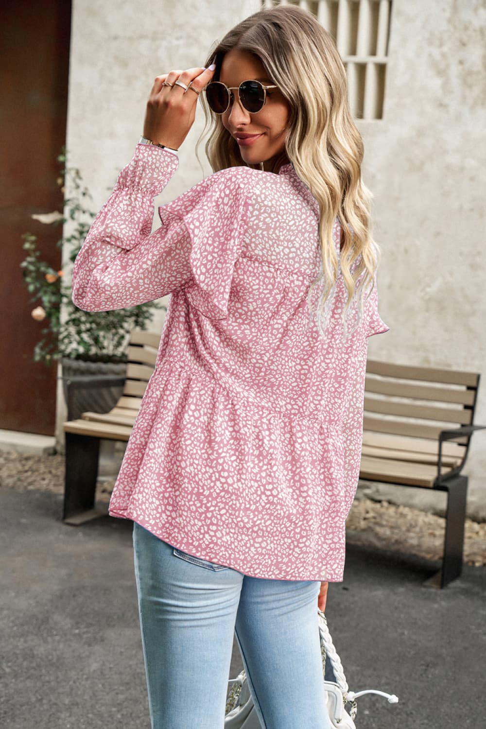 Printed Round Neck Flounce Sleeve Blouse Trendsi