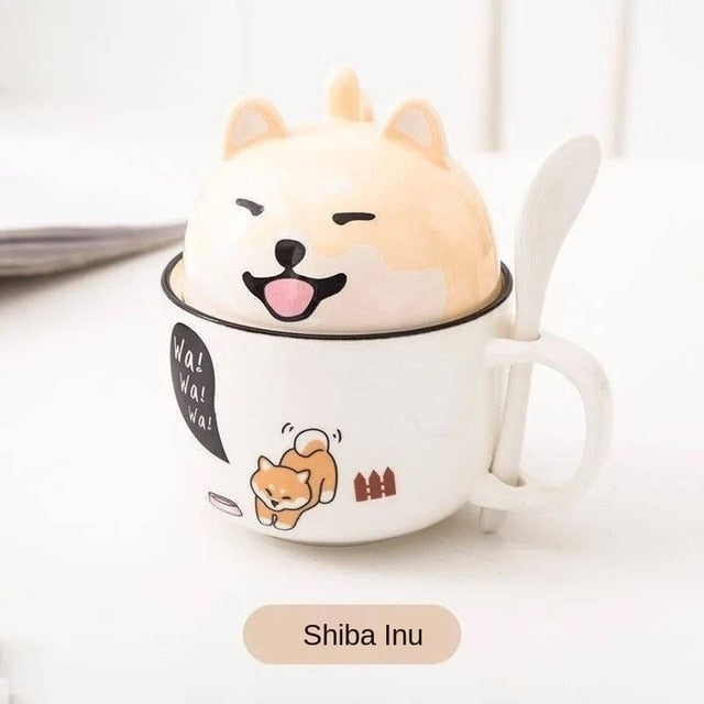 Kawaii Shiba Inu Mug Cute Cartoon Ceramics Mug with Lid and Spoon Coffee Milk Tea Mugs Breakfast Cups Drinkware Gifts Cup 370 ML ShopOnlyDeal