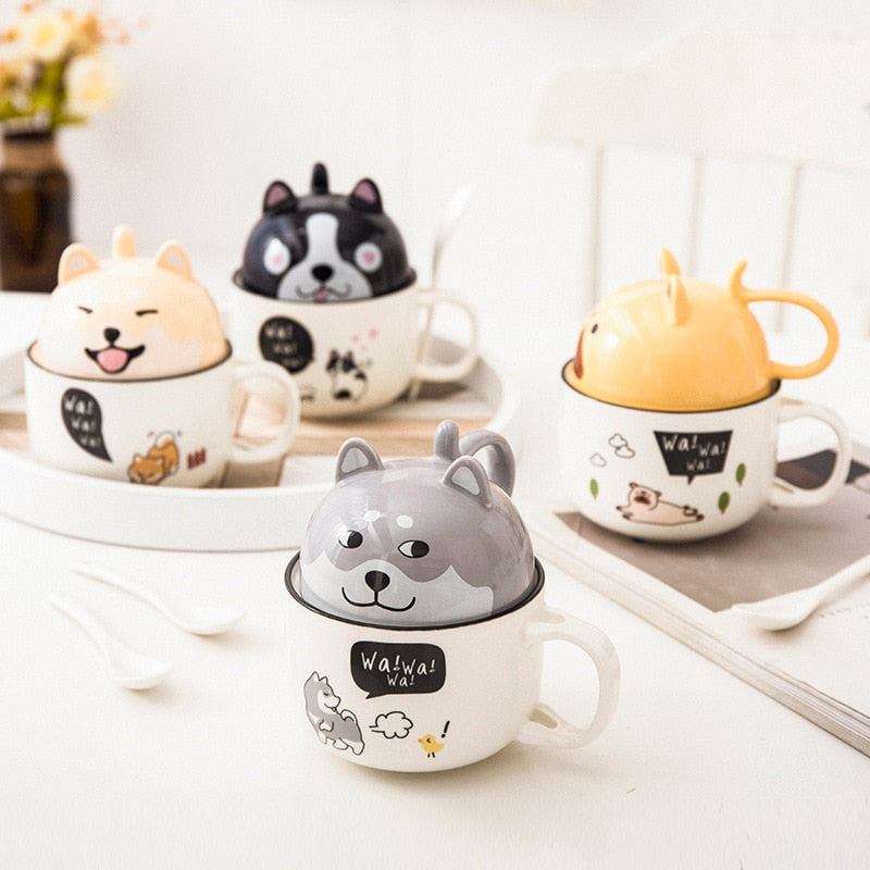 Kawaii Shiba Inu Mug Cute Cartoon Ceramics Mug with Lid and Spoon Coffee Milk Tea Mugs Breakfast Cups Drinkware Gifts Cup 370 ML ShopOnlyDeal