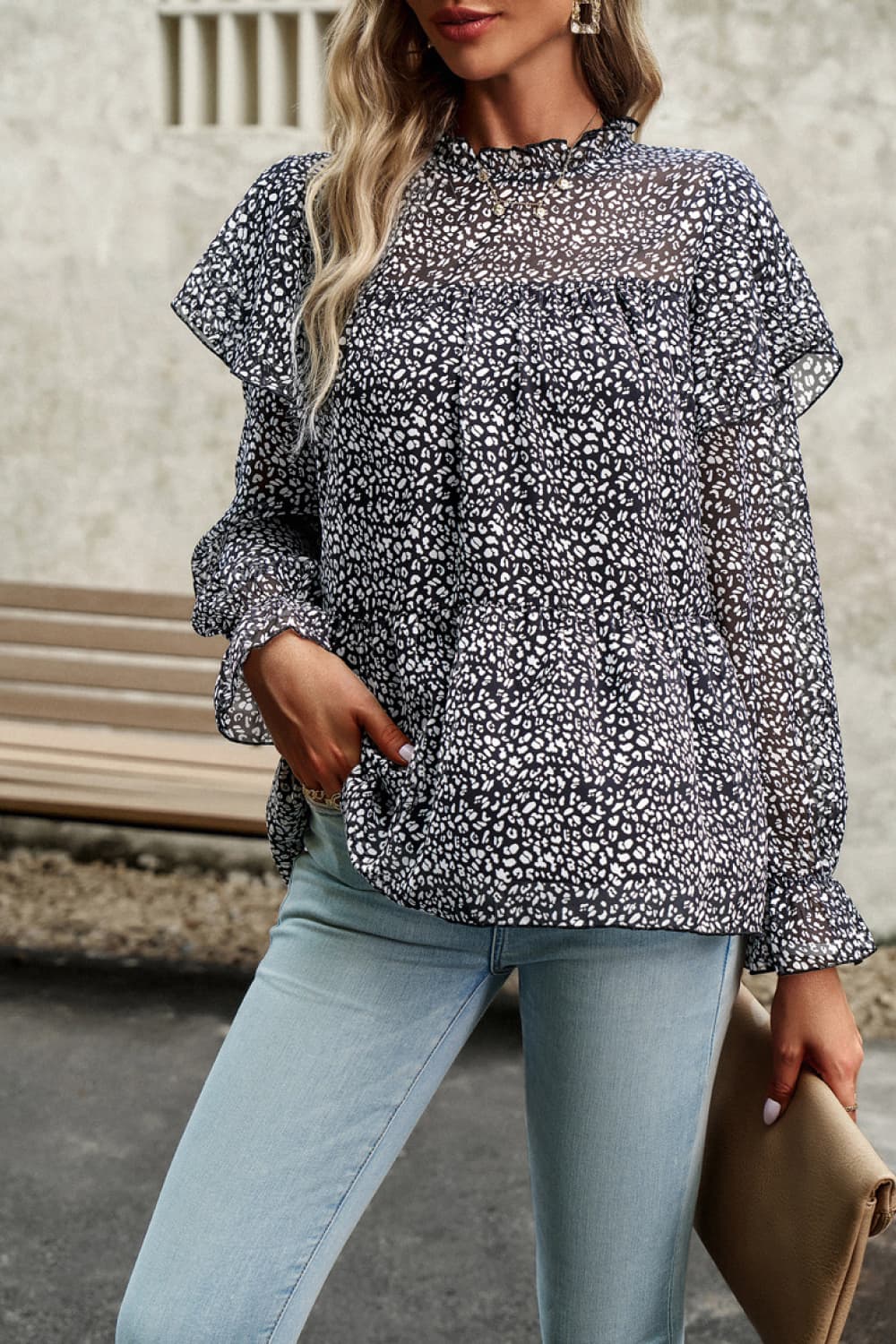 Printed Round Neck Flounce Sleeve Blouse Trendsi