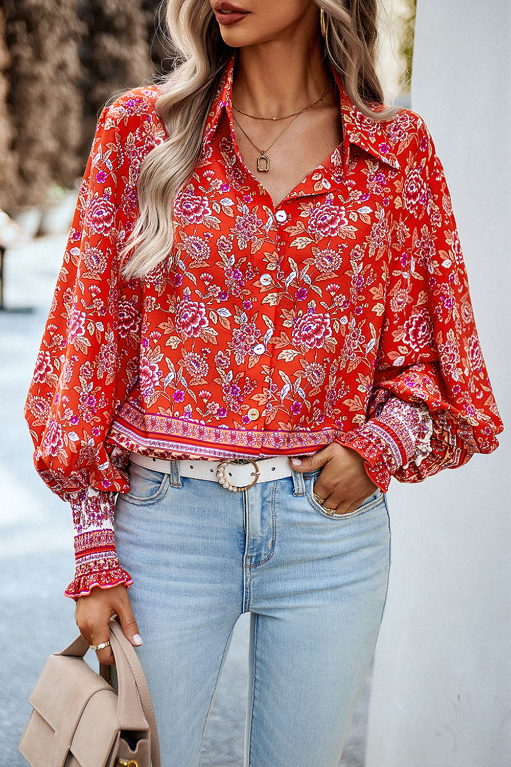 Printed Collared Neck Smocked Lantern Sleeve Shirt Trendsi