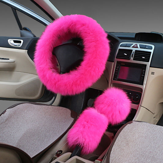 Fluffy Warm Sheep Wool 3PCS Set Real Wool Fur Soft Steering Wheel Covers Furry Long Hair Womens Winter Fashion Handle Cover Car Decoration Accessories ShopOnlyDeal