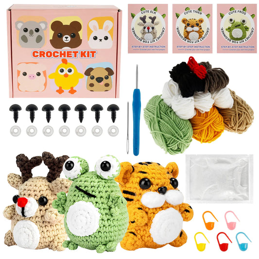 3Pcs DIY Crochet Animal Kit: Complete Crochet Knitting Set & Starter Pack - Ideal DIY Craft Plush Doll Kits for Beginners with Hook Accessories ShopOnlyDeal