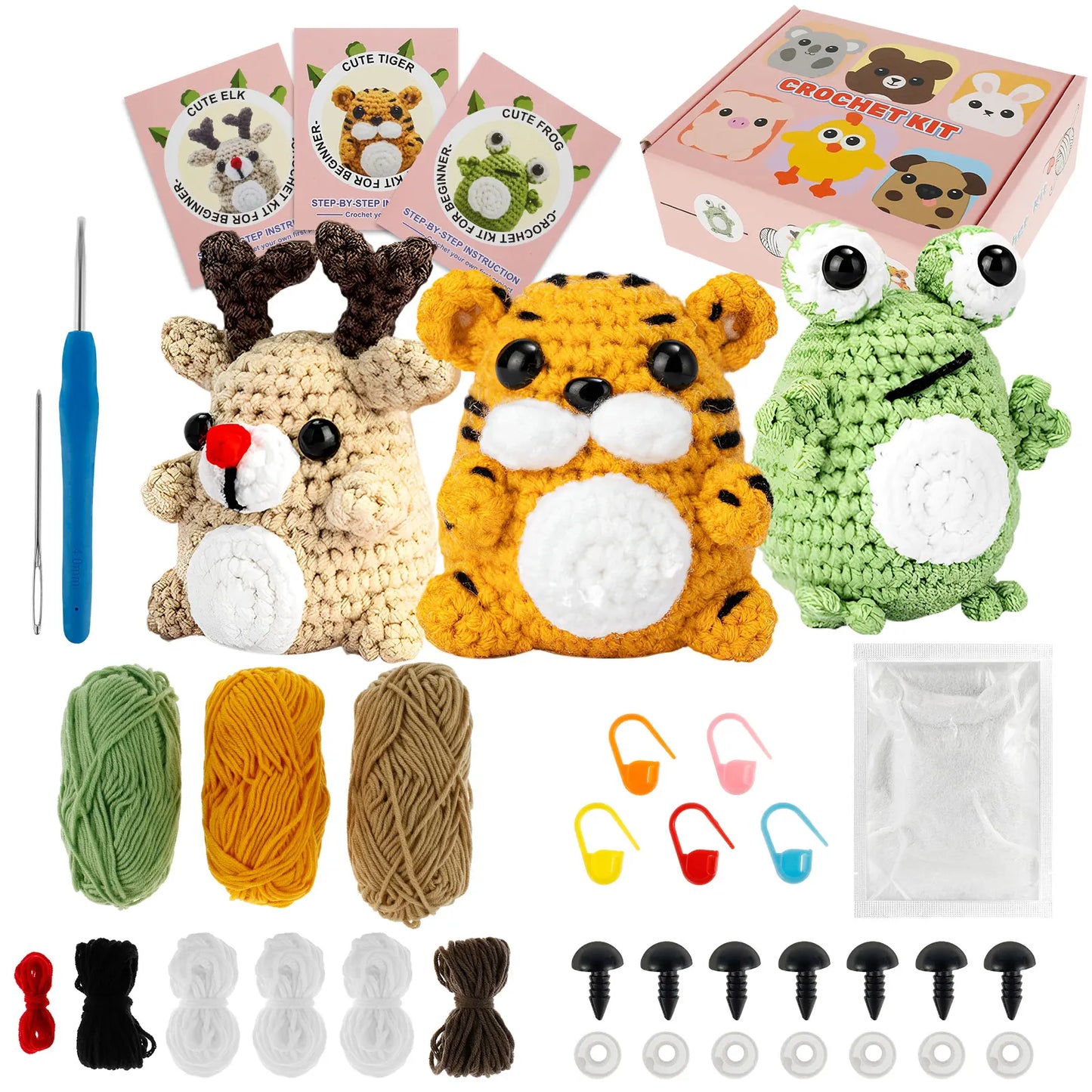 3Pcs DIY Crochet Animal Kit: Complete Crochet Knitting Set & Starter Pack - Ideal DIY Craft Plush Doll Kits for Beginners with Hook Accessories ShopOnlyDeal