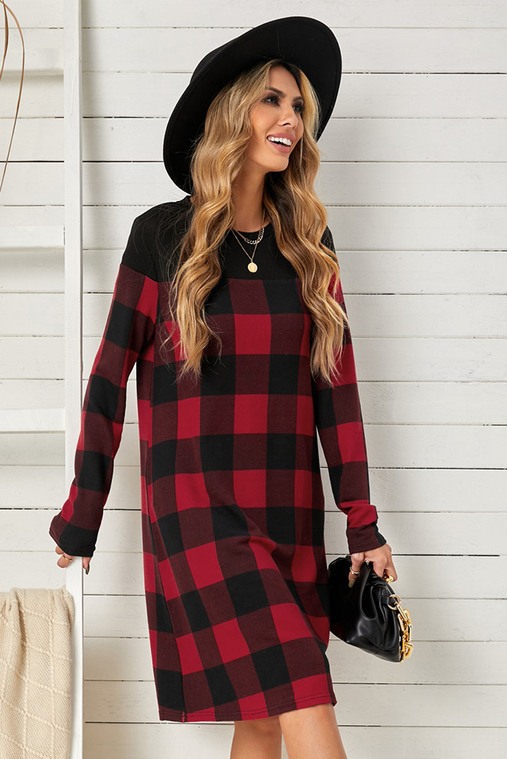 Chic and Timeless: Plaid Round Neck Long Sleeve Mini Dress for Effortless Style ShopOnlyDeal