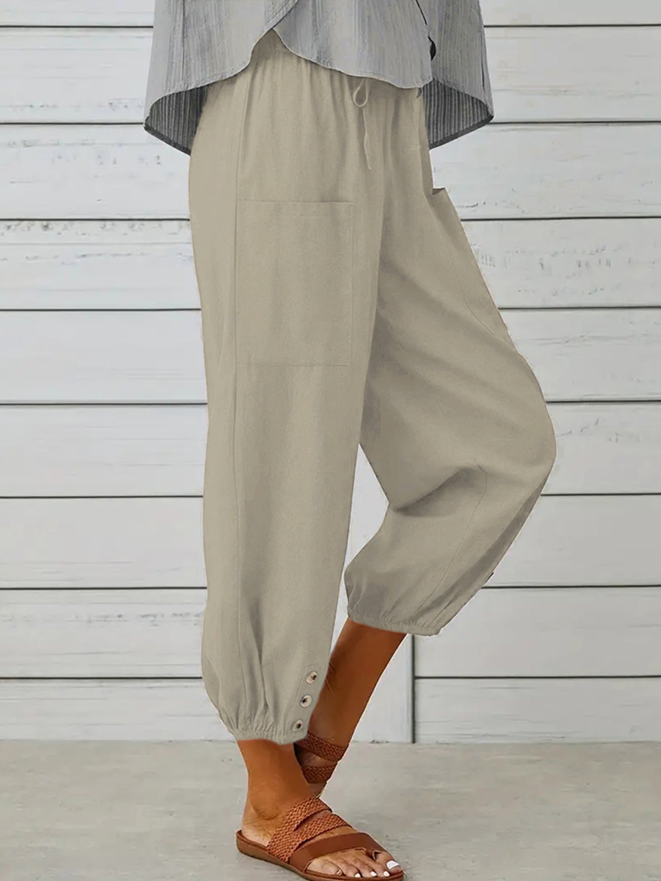 Buttoned Beauty: Stylish Decorative Cropped Pants for a Chic Look ShopOnlyDeal