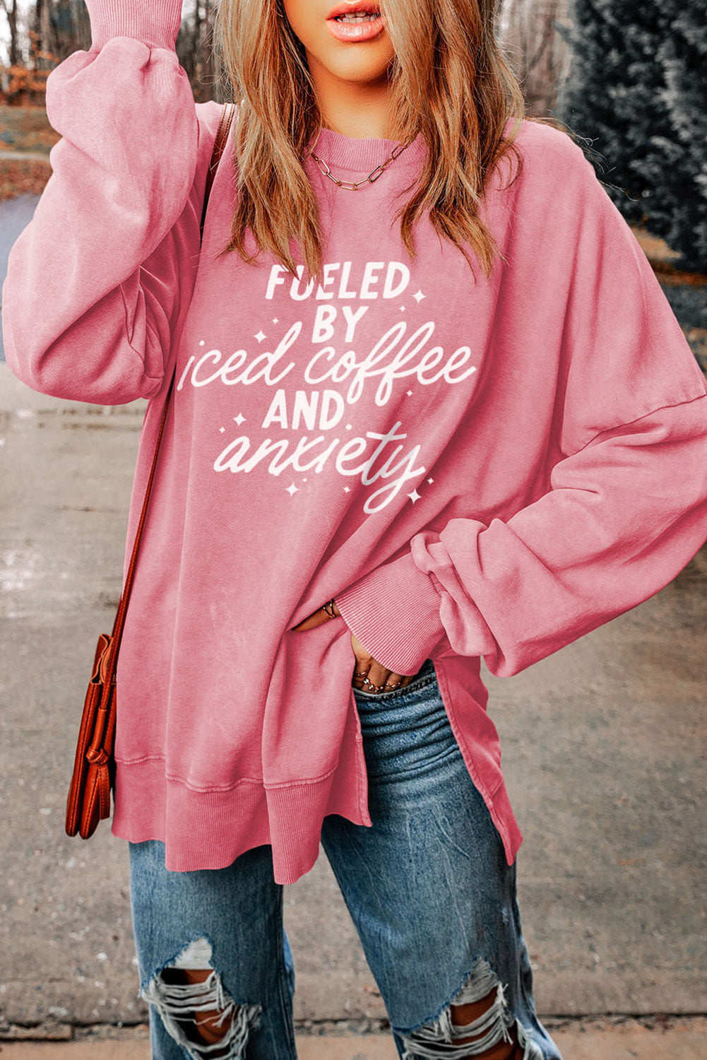 Slogan Graphic Dropped Shoulder Slit Sweatshirt Trendsi