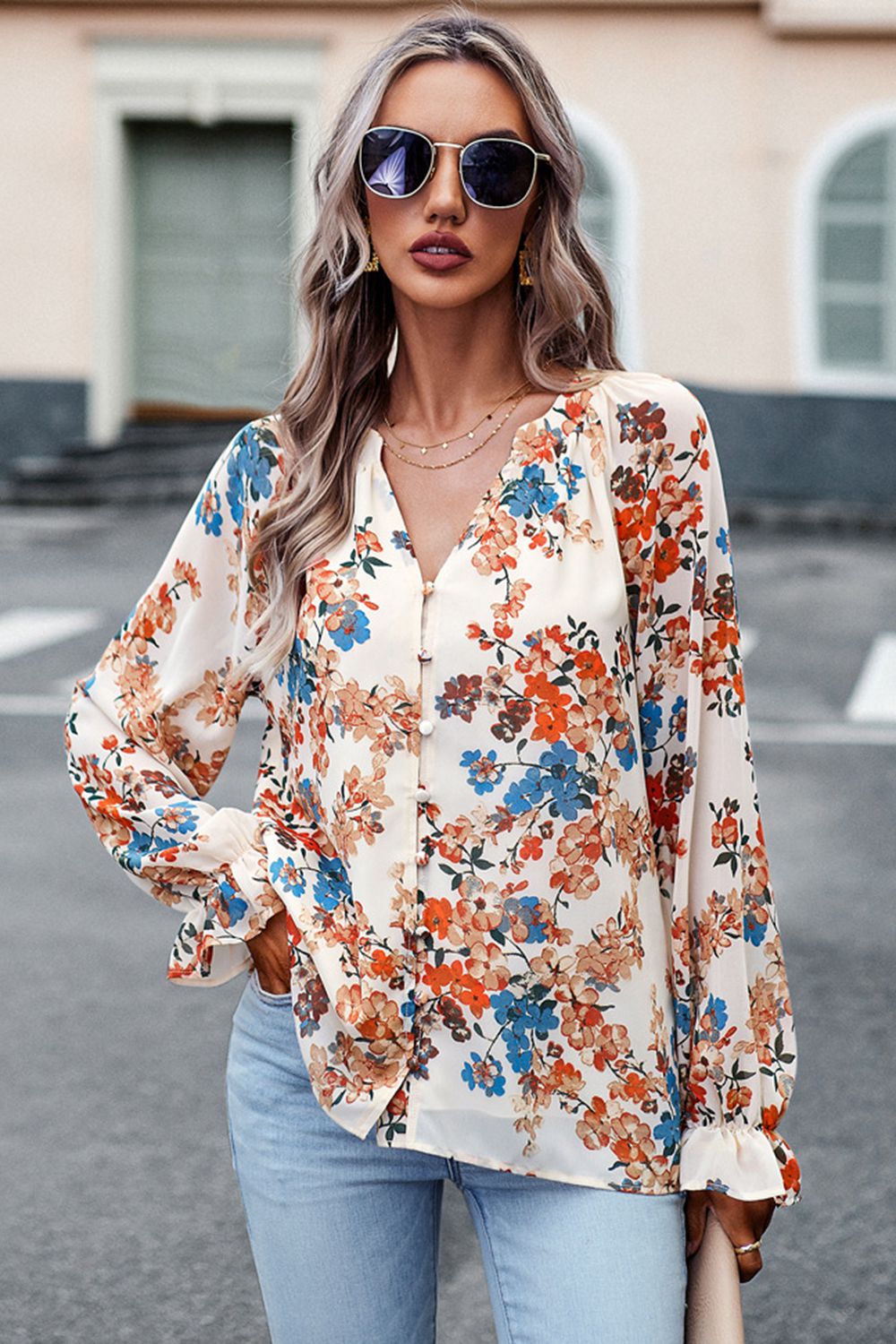 Floral Print Flounce Sleeve Blouse Trendsi