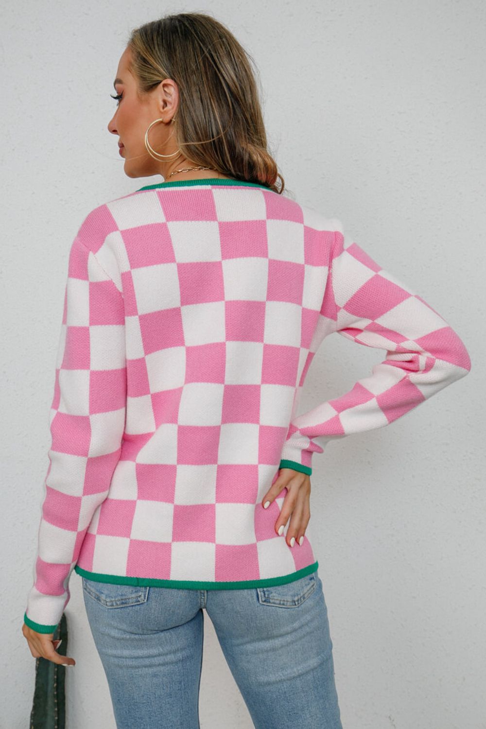 Checkered Round Neck Sweater Trendsi