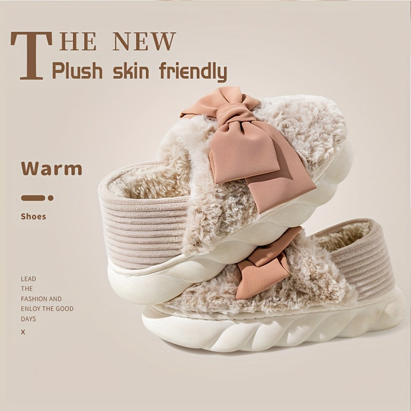 Cute Bowknot Warm Slippers Plush Cloud, Cozy Slip On Platform Fuzzy Shoes, Winter Warm Home Slippers - Temu ShopOnlyDeal