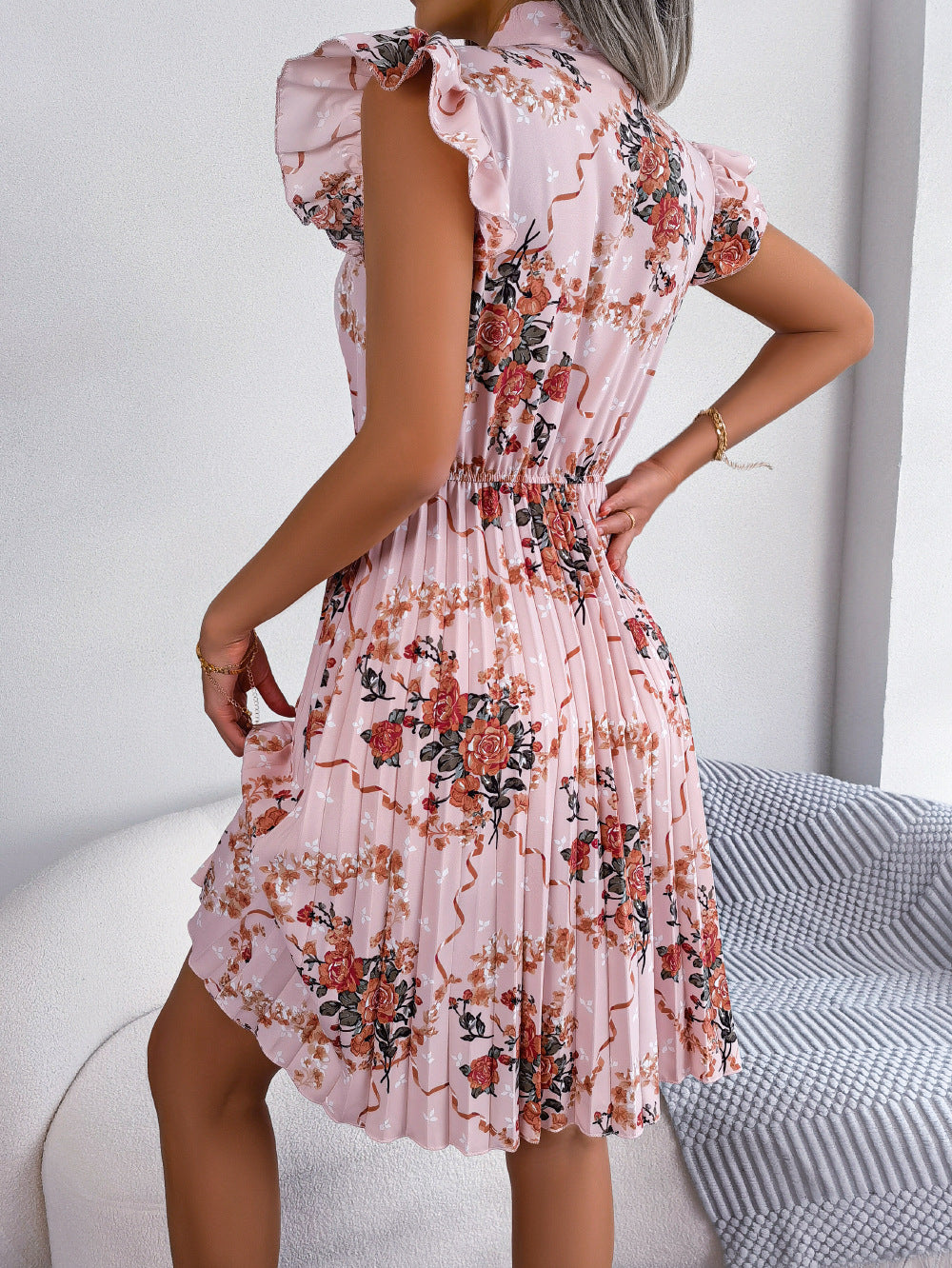 Pleated Floral Printed Tie Neck Knee Length Dress Trendsi