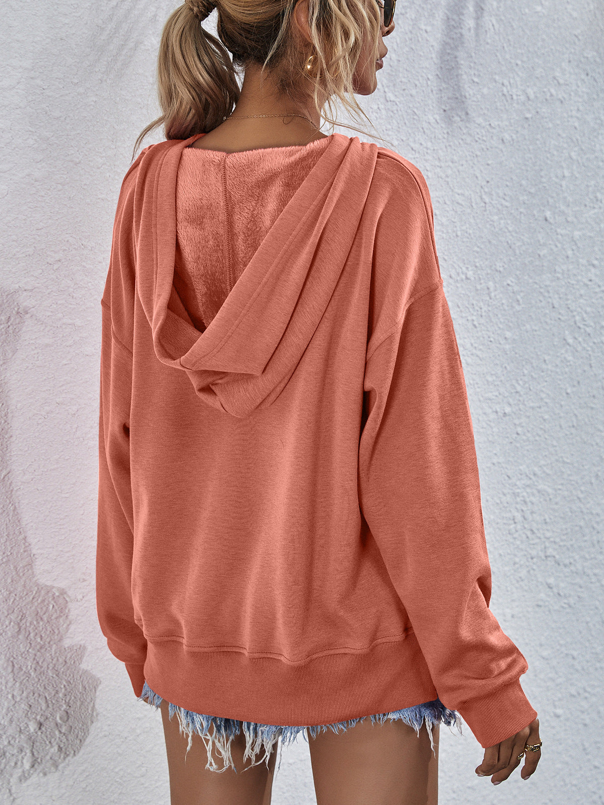 Dropped Shoulder Slit Hoodie Pink ShopOnlyDeal