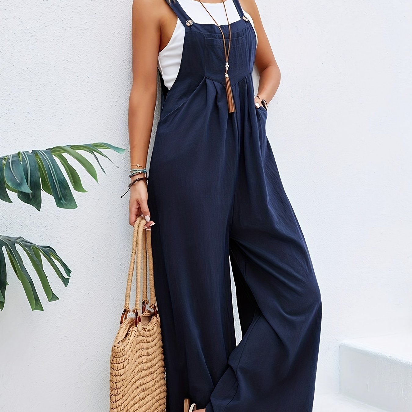 Boho Solid Sleeveless Long Length Jumpsuit, Casual Baggy Jumpsuit With Pockets, Women's Clothing - Temu ShopOnlyDeal