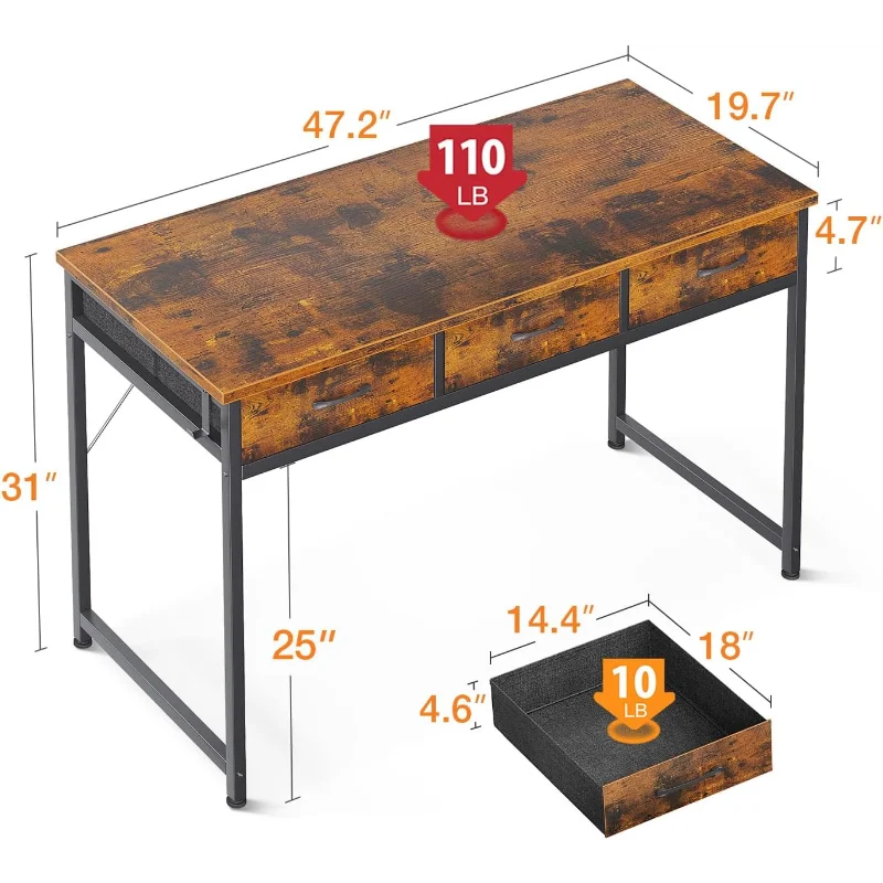 48 Inch Computer Desk with 3 Fabric Drawers, Home Office Desks with Storage, Modern Work Desk ShopOnlyDeal