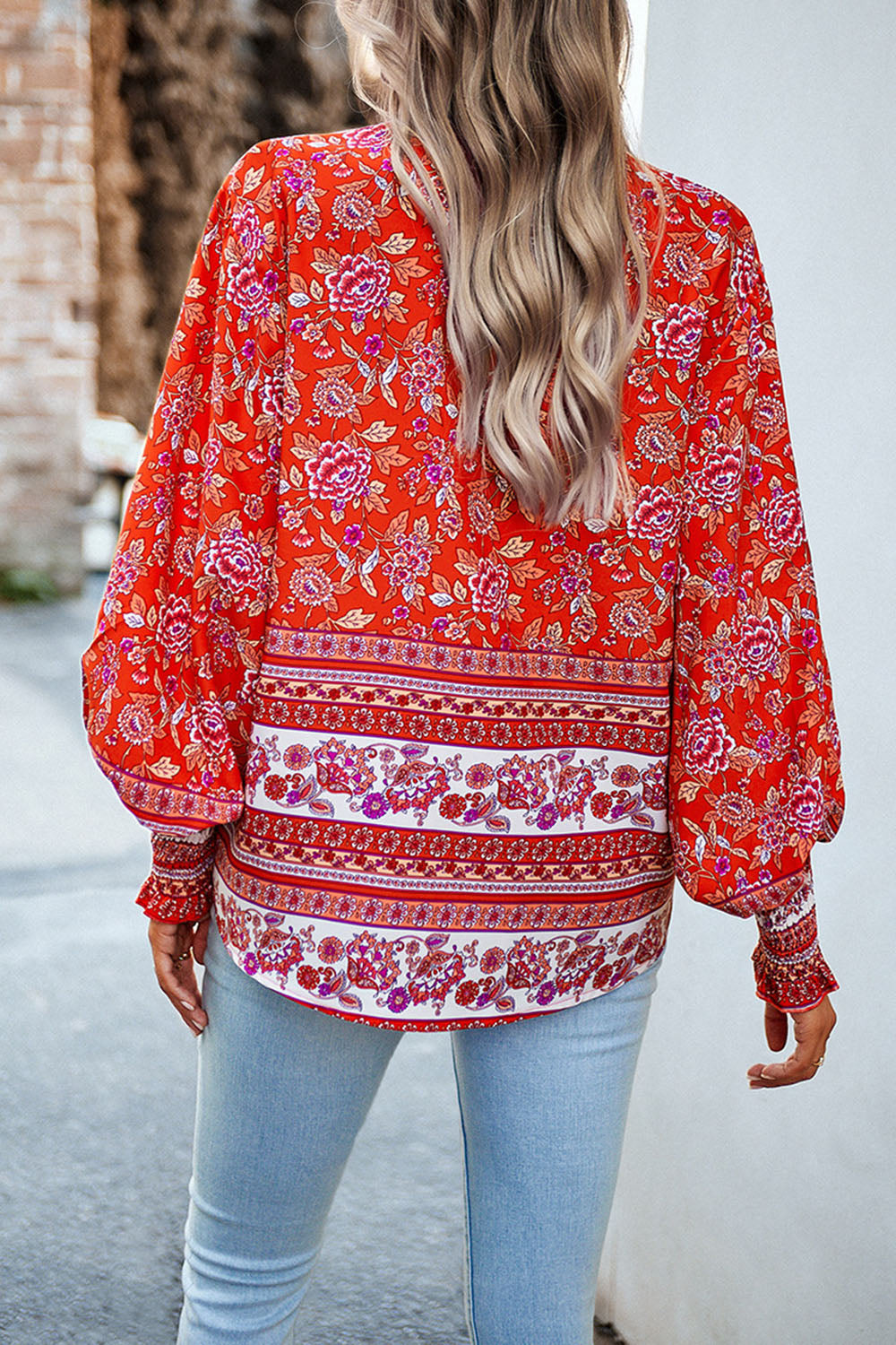 Printed Collared Neck Smocked Lantern Sleeve Shirt Trendsi