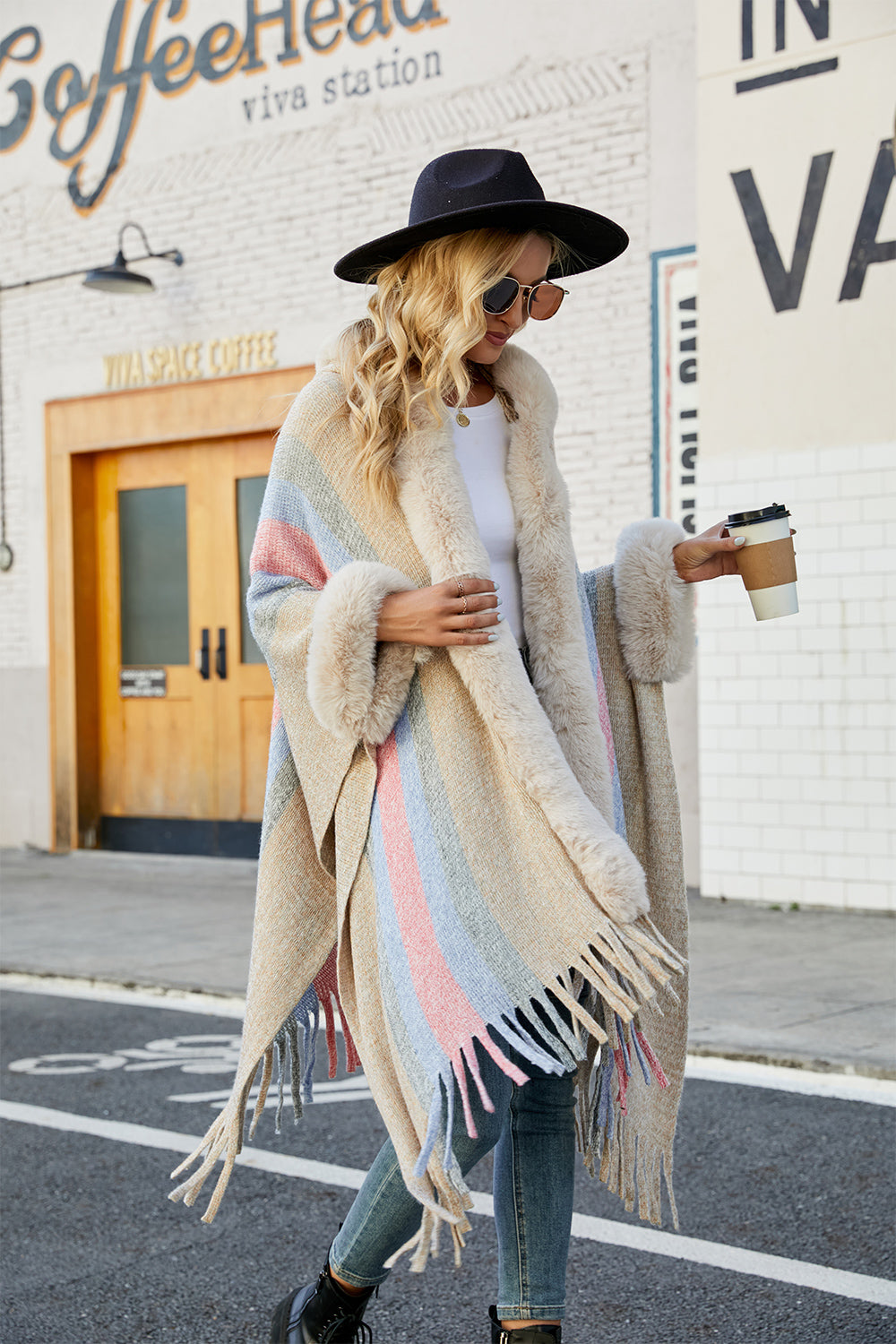 Color Block Fringe Detail Poncho Trendsi