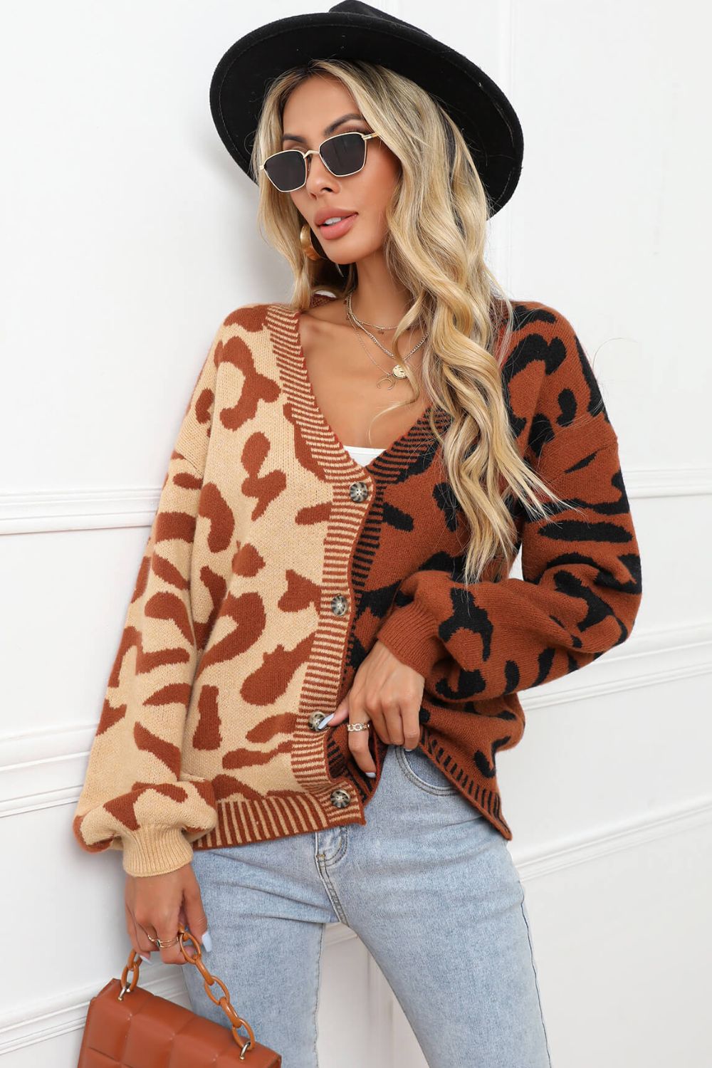 Leopard Button Front Ribbed Trim Cardigan Trendsi