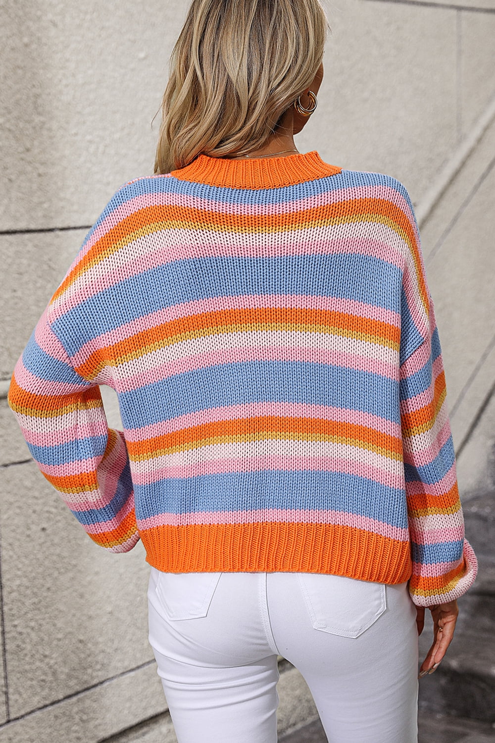 Chic and Cozy: Striped Round Neck Dropped Shoulder Sweater" ShopOnlyDeal