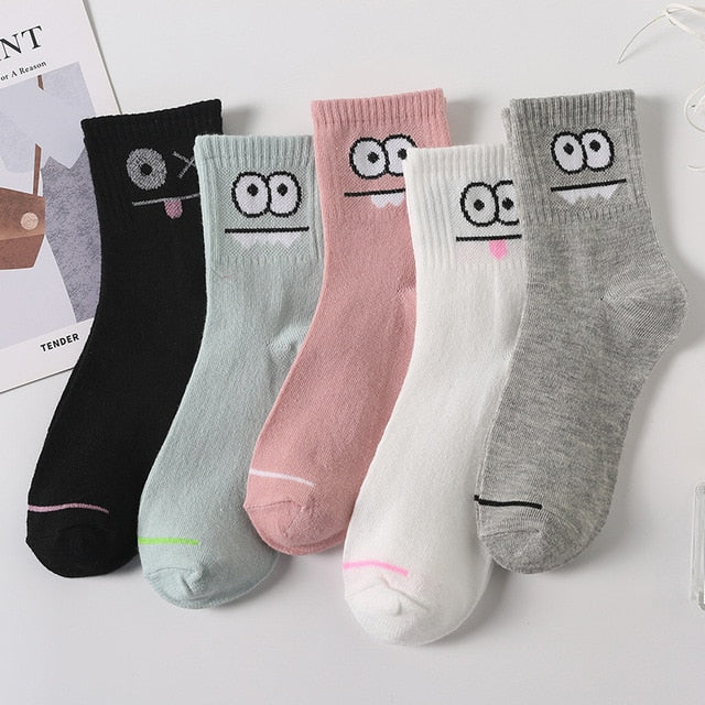 Cotton Embroidery Socks 5 Pairs / Set For Women's Girl's Cartoon Cute Solid Breathable Happy Smile Funny Casual Boat Sock ShopOnlyDeal