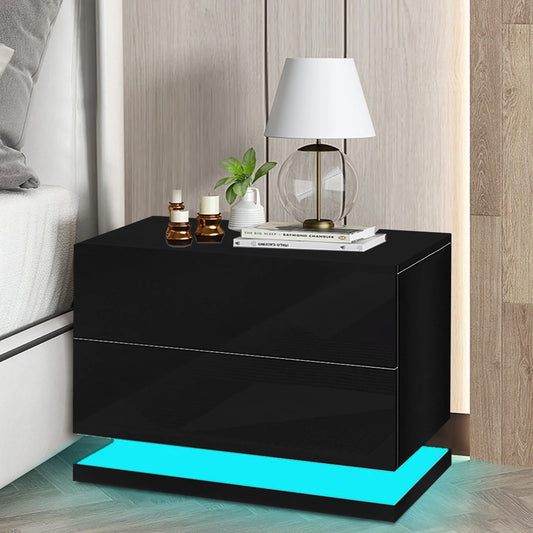 LED Nightstand 50×35×43cm Modern Bedside Table Cabinet High Gloss 2 Drawers with LED Light for Bedroom ShopOnlyDeal