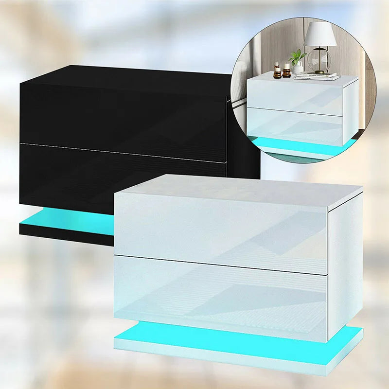 LED Nightstand 50×35×43cm Modern Bedside Table Cabinet High Gloss 2 Drawers with LED Light for Bedroom ShopOnlyDeal