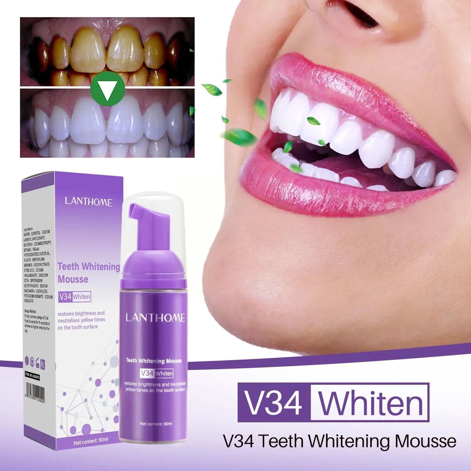 Toothpaste Mousse 50ML V34 Teeth Cleaning Whitening Toothpaste Yellow Teeth Removing Tooth Stains Oral Cleaning Hygiene 2023 ShopOnlyDeal