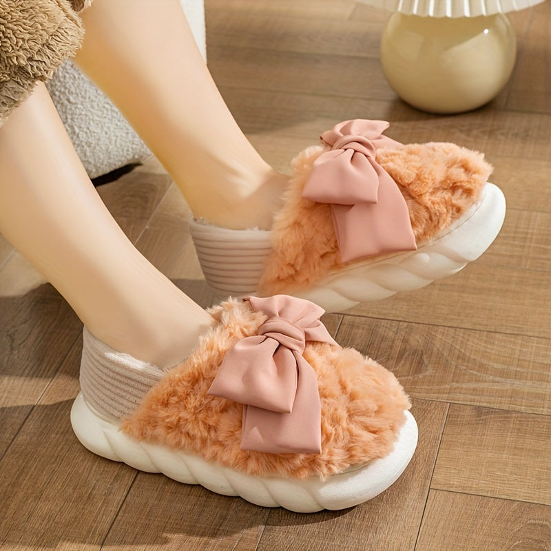 Cute Bowknot Warm Slippers Plush Cloud, Cozy Slip On Platform Fuzzy Shoes, Winter Warm Home Slippers - Temu ShopOnlyDeal