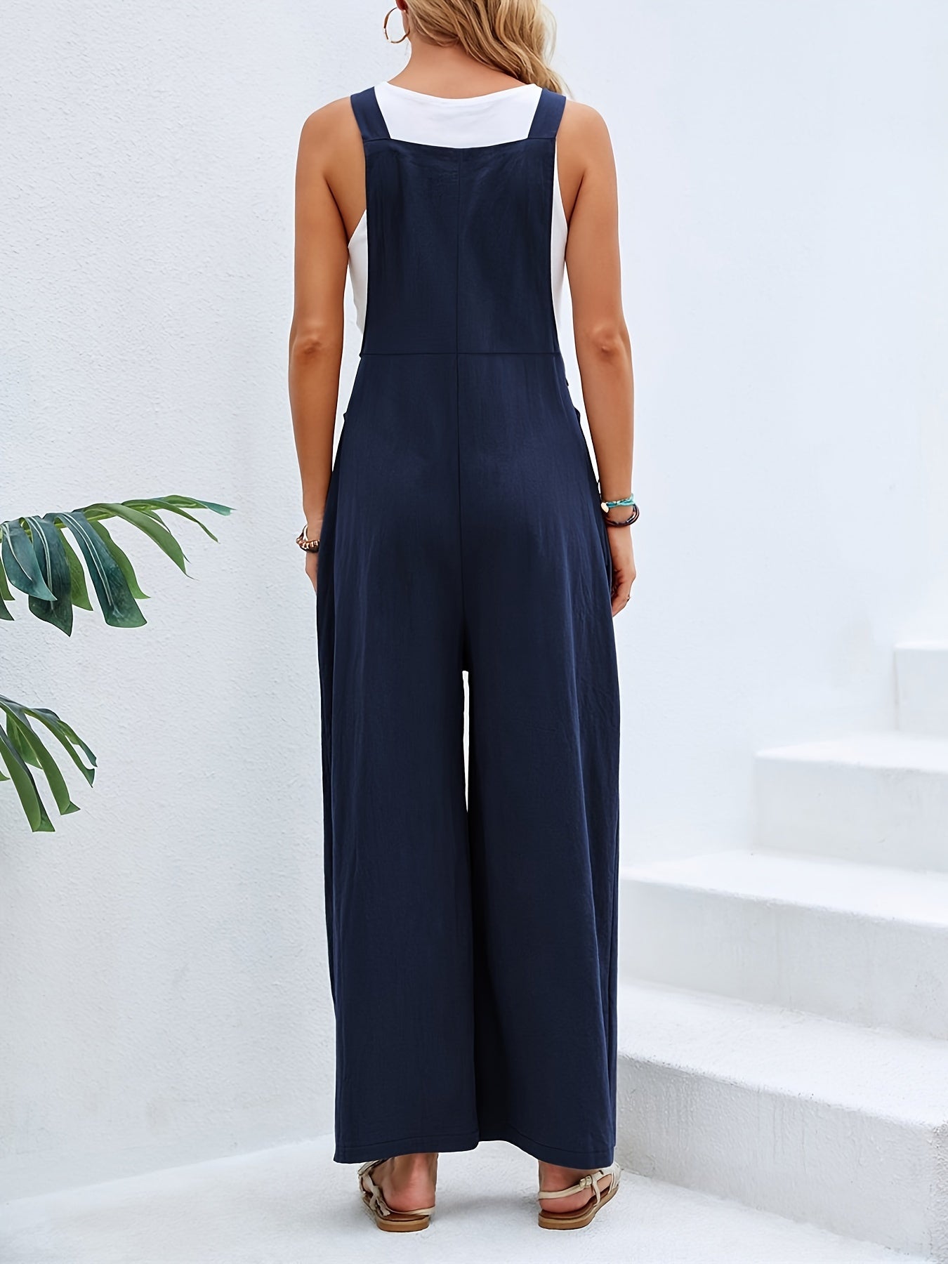 Boho Solid Sleeveless Long Length Jumpsuit, Casual Baggy Jumpsuit With Pockets, Women's Clothing - Temu ShopOnlyDeal