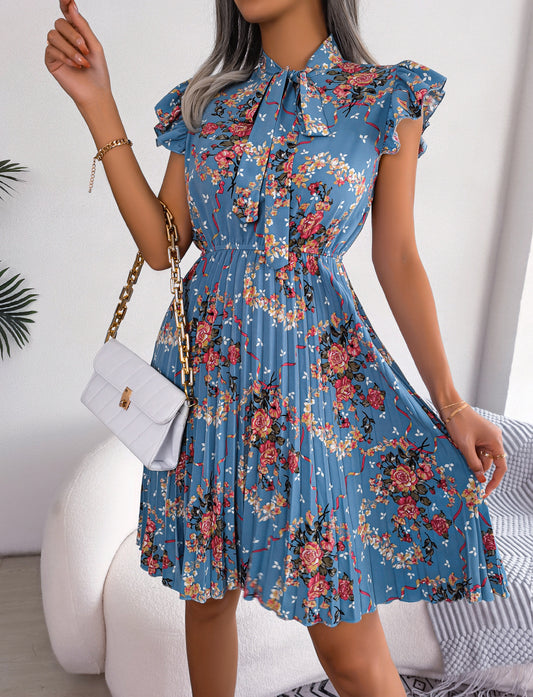 Pleated Floral Printed Tie Neck Knee Length Dress Trendsi