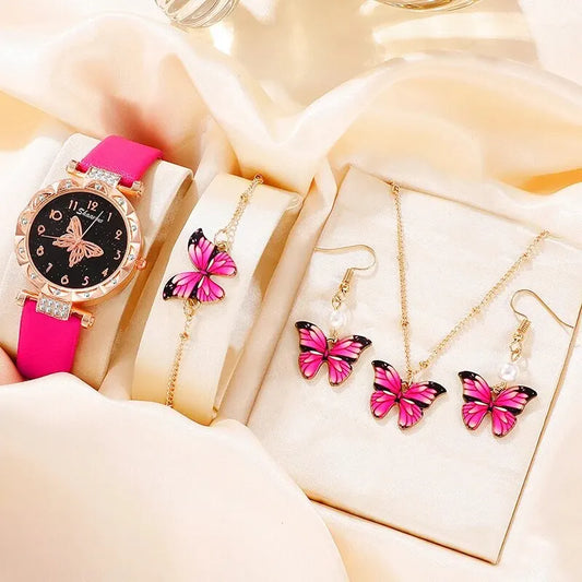 5PCS Set Womens Fashion Quartz Watch Female Clock Rose Red Butterfly Luxury Brand Design Women Watches Simple Ladies Wrist Watch Shop5370096 Store