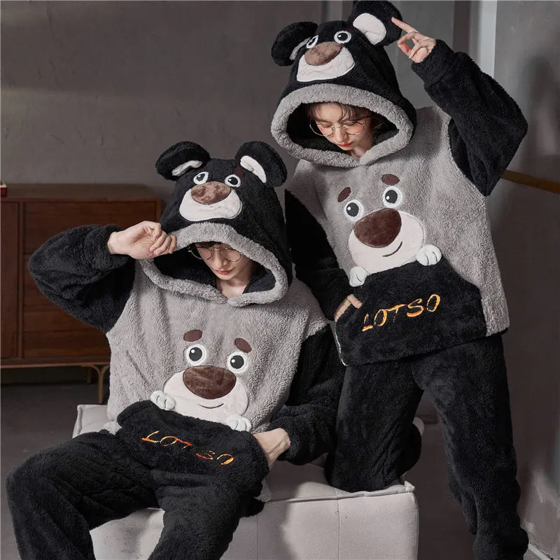 Couples Pajamas Sets 5XL Winter Thicken Women Men Cotton Wool Sleepwear Pyjama Suit Dinosaur Cute Soft Warm Homewear Pijama Unisex Hoodie 8152 ShopOnlyDeal