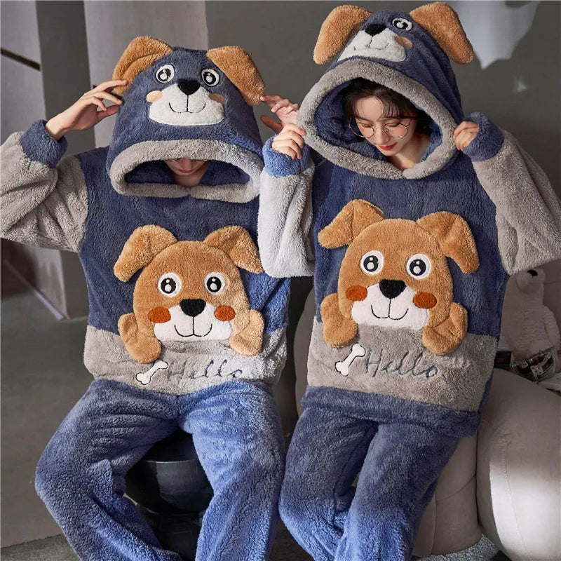 Couples Pajamas Sets 5XL Winter Thicken Women Men Cotton Wool Sleepwear Pyjama Suit Dinosaur Cute Soft Warm Homewear Pijama Unisex Hoodie 8149 ShopOnlyDeal