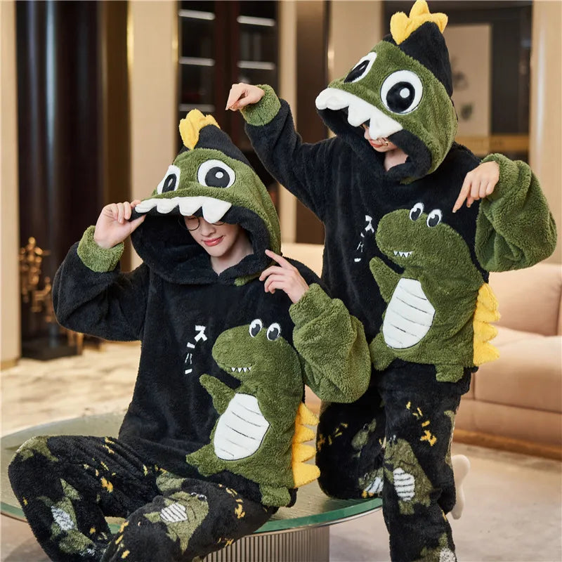 Couples Pajamas Sets 5XL Winter Thicken Women Men Cotton Wool Sleepwear Pyjama Suit Dinosaur Cute Soft Warm Homewear Pijama Unisex Hoodie 8162 ShopOnlyDeal