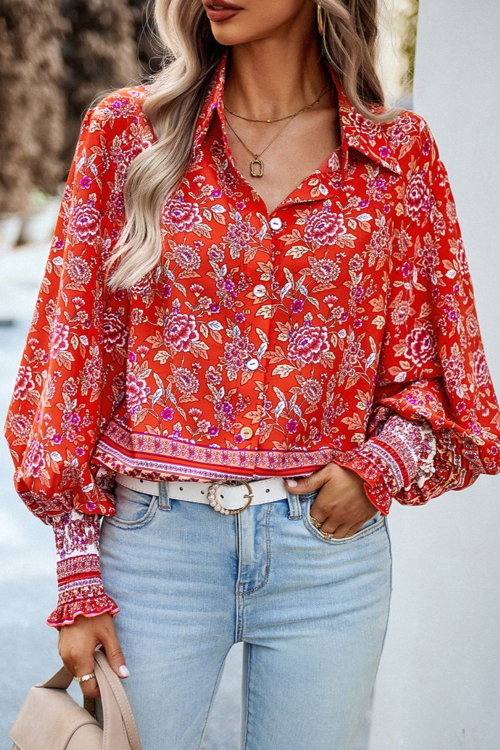 Printed Collared Neck Smocked Lantern Sleeve Shirt Trendsi